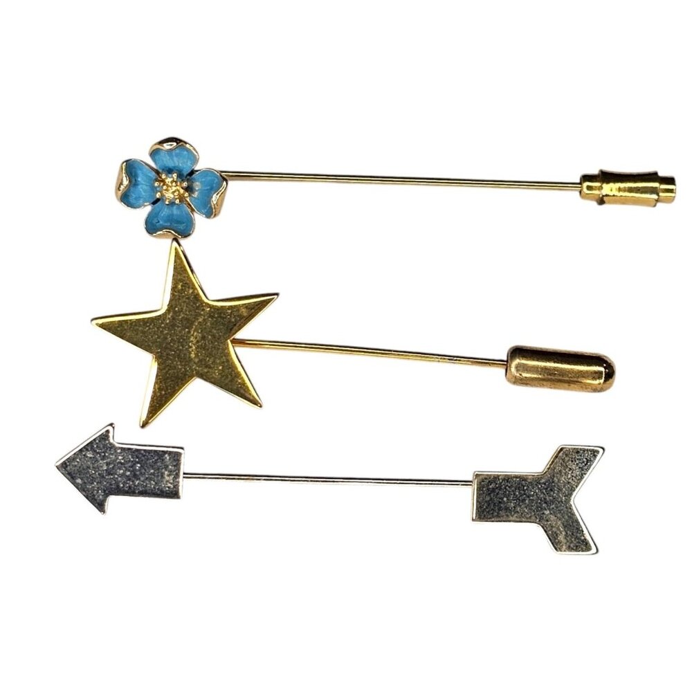 Vintage Set of 3 Hat Pins Blue Enameled Flower Gild Tone Arrow Silver Star